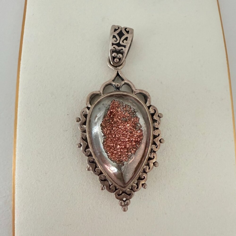 ✨ Vintage Sterling Silver Teardrop Copper/Rose Colored Druzy Pendant ✨ - Picture 8 of 10